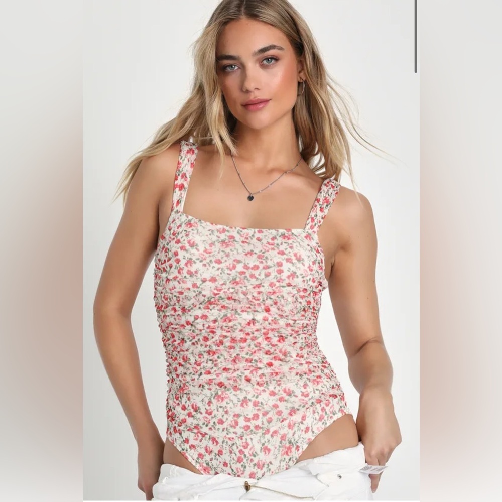Ivory Floral Print Mesh Sleeveless Bodysuit